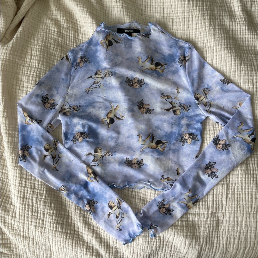 Mesh see through long sleeve top w/ angels & clouds. Forever 21 never worn, S